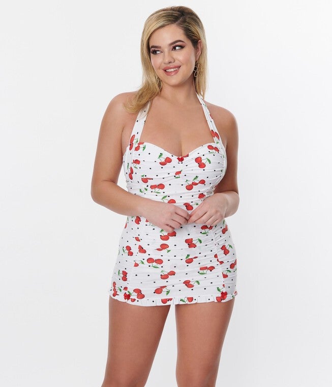 Unique Vintage White & Cherry Pin Dot Halter Swim Dress, White Cherry Pin Dot / White, alternate image number null