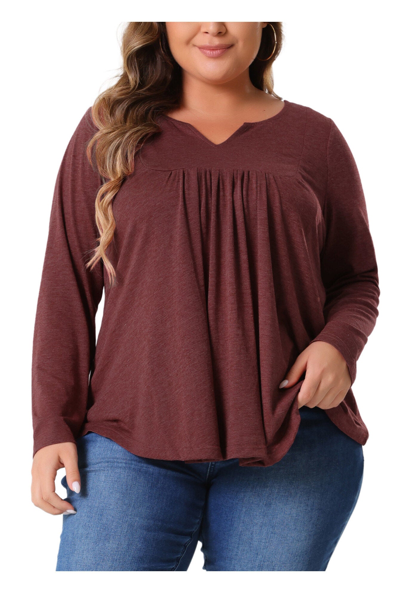 Notched Neck Long Sleeve Front Pleated Blouse, Burgundy / Burgundy, alternate image number 2