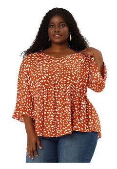 Polka Dots Blouse 3/4 Ruffle Sleeve Peplum Top