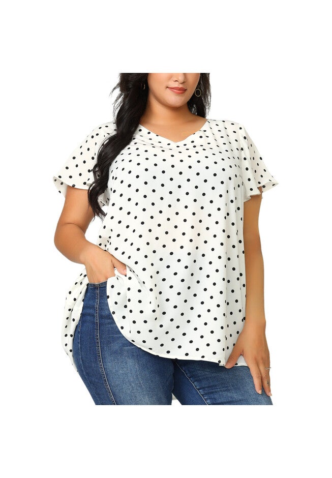 Tie Waist Polka Dots Ruffle Summer Short Sleeve Blouse, White / White, alternate image number 2