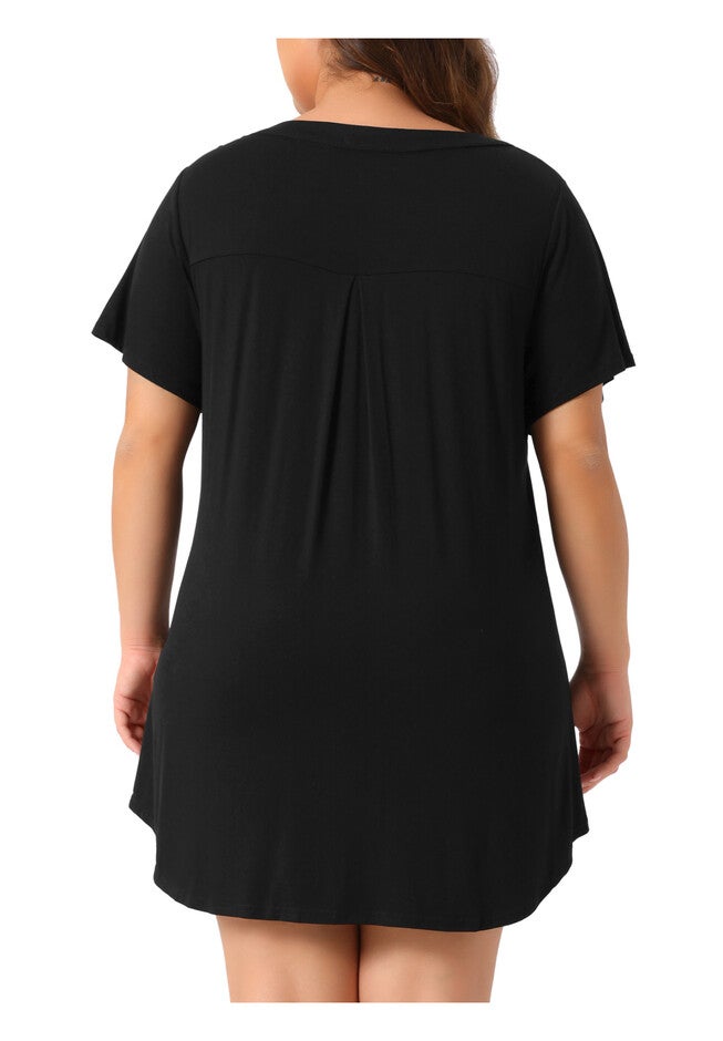 Short Sleeve V Neck Button Down Pajamas Dress, Black / Black, alternate image number 1