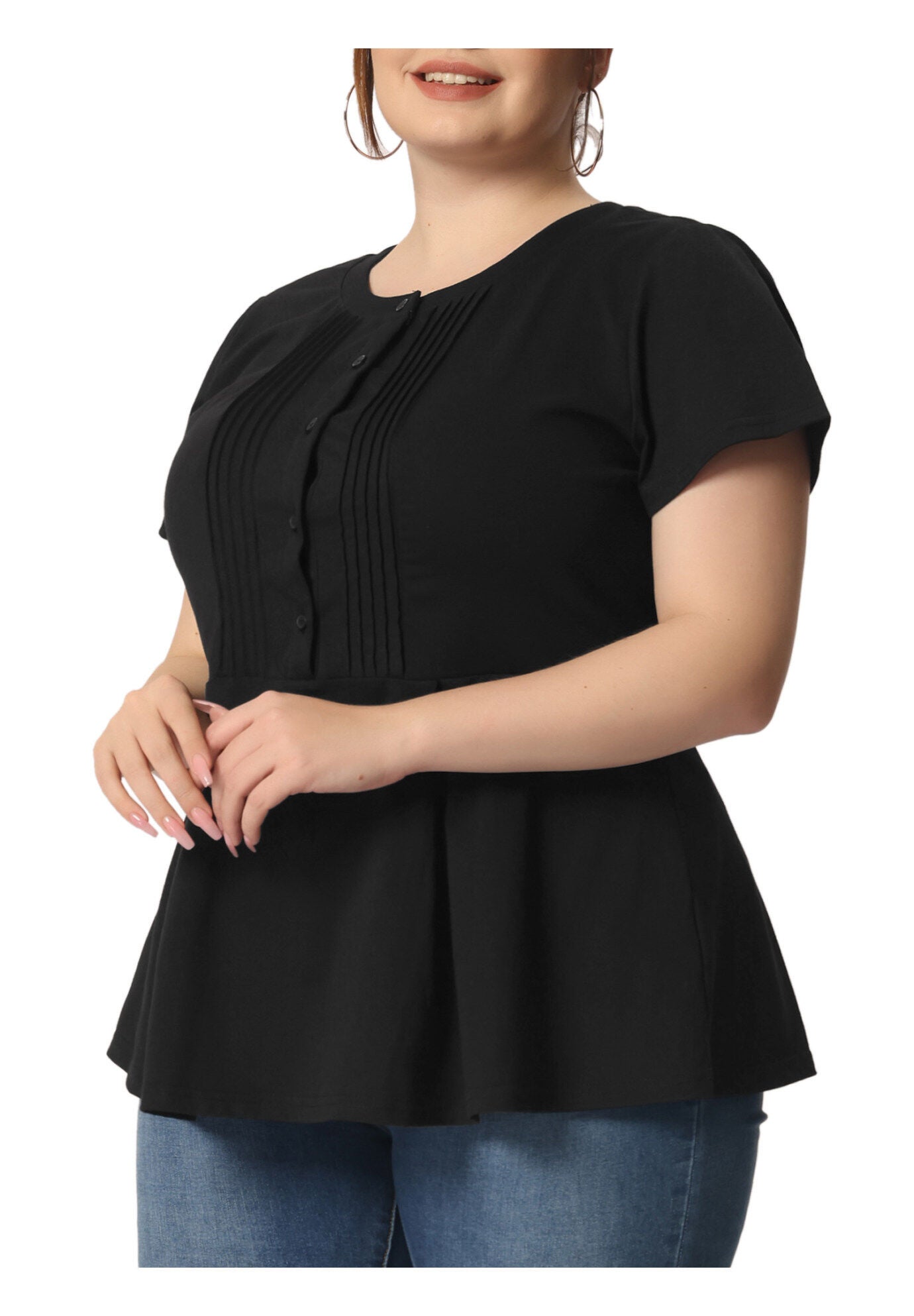 Round Neck Short Sleeve Shirt Blouse Peplum Top, Black / Black, alternate image number 1
