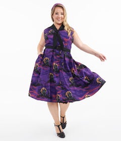 1950s Purple Halloween Print Edith Swing Dress