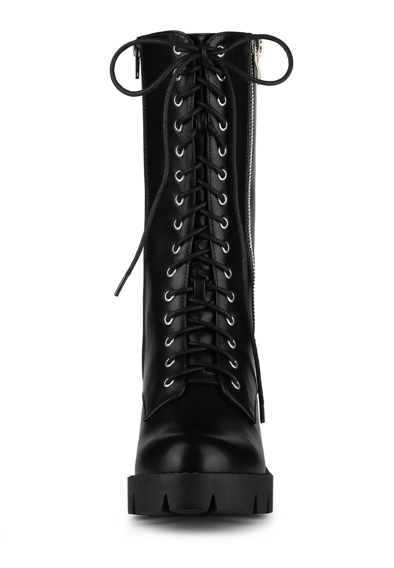 Lace Up Platform Chunky Heel Mid Calf Combat Boots, Black / Black, alternate image number 1