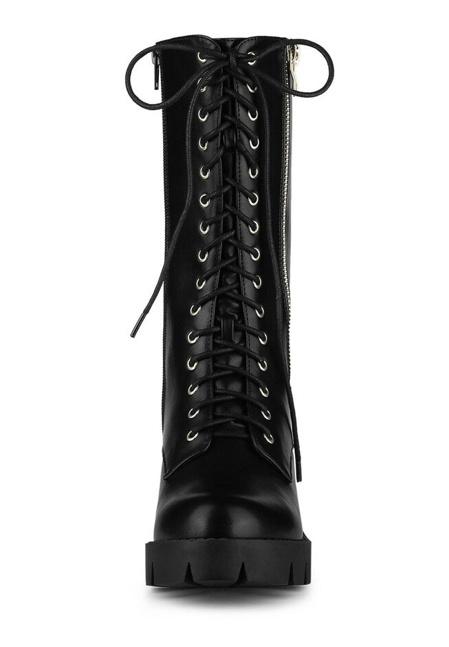 Lace Up Platform Chunky Heel Mid Calf Combat Boots, Black / Black, alternate image number 1