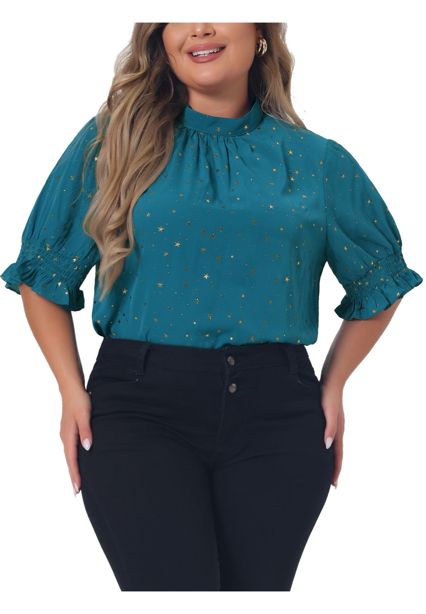 Pleated Mock Neck Star Print Puff Sleeve Blouse Top, Blue / Azure Blue, alternate image number 2