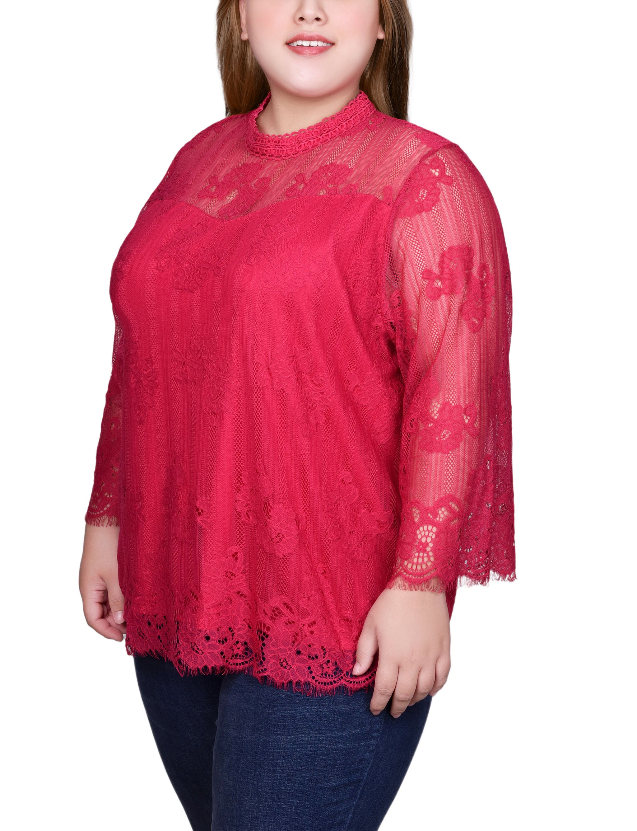 3/4 Sleeve Lace Blouse, Persian Red, alternate image number 2