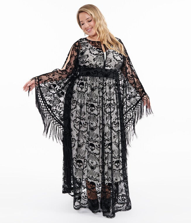 1960s Black Baroque Skull Burnout Fringe Flutter Sleeve Caftan, Black Skull Lace / Black, alternate image number null