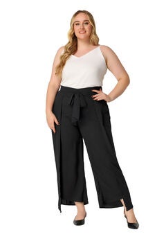 CHIFFON HIGH WAIST TIE FRONT SPLIT FLOWY WIDE LEG PALAZZO PANTS