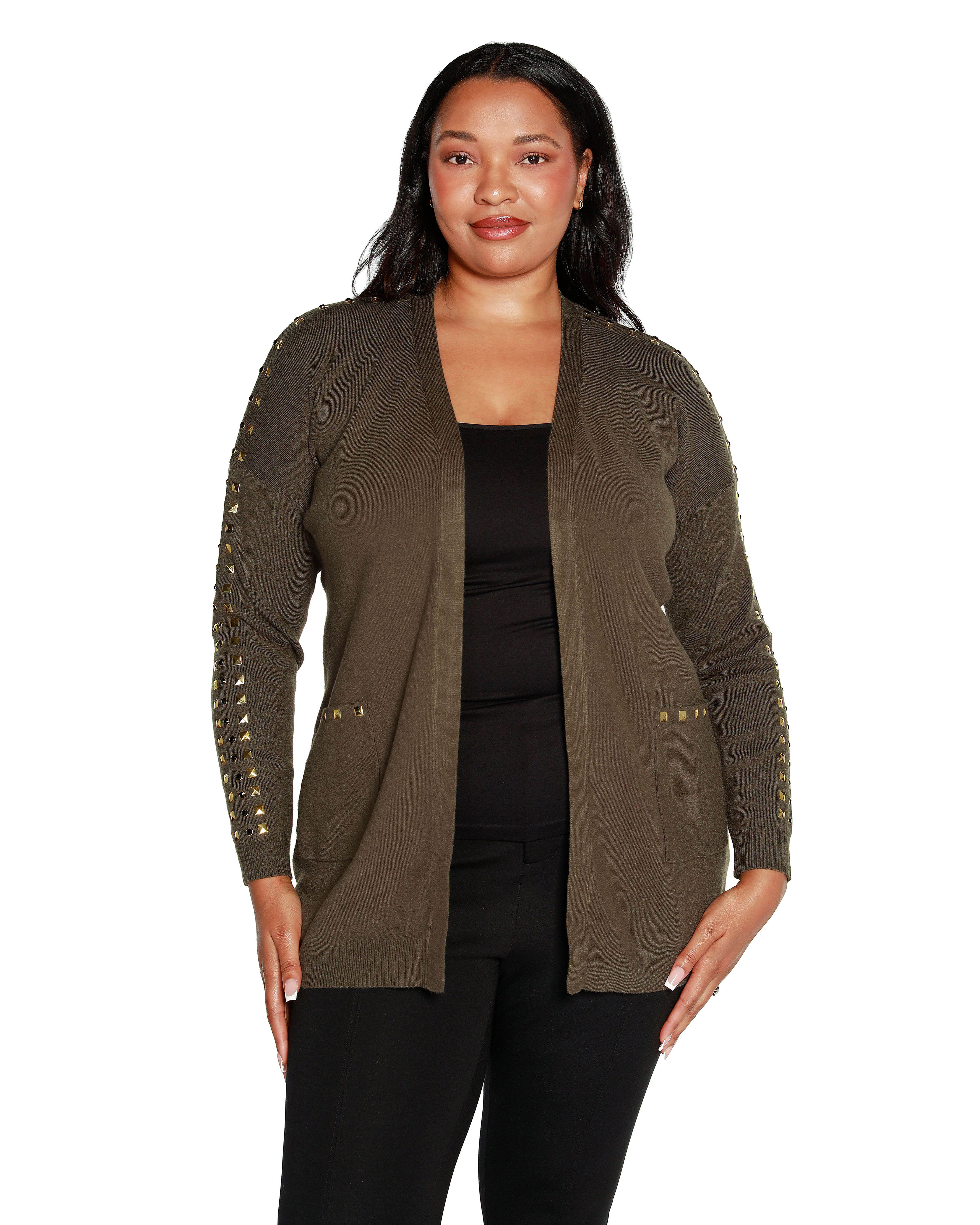 EMBELLISHED OPEN-FRONT CARDIGAN, Burnt Olive / Olive Green, hi-res image number 0