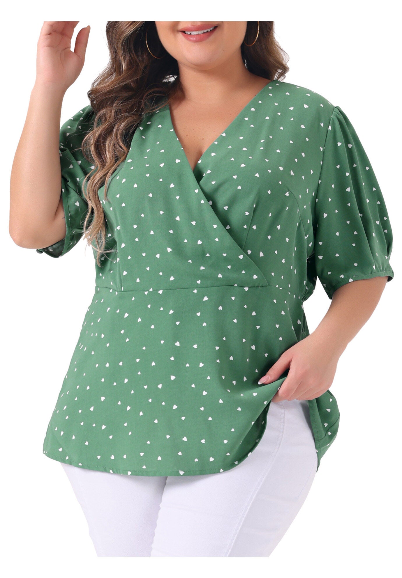 Summer V Neck Wrap Short Sleeve Polka Dots Peplum Top, Green / Sage Green, alternate image number 2