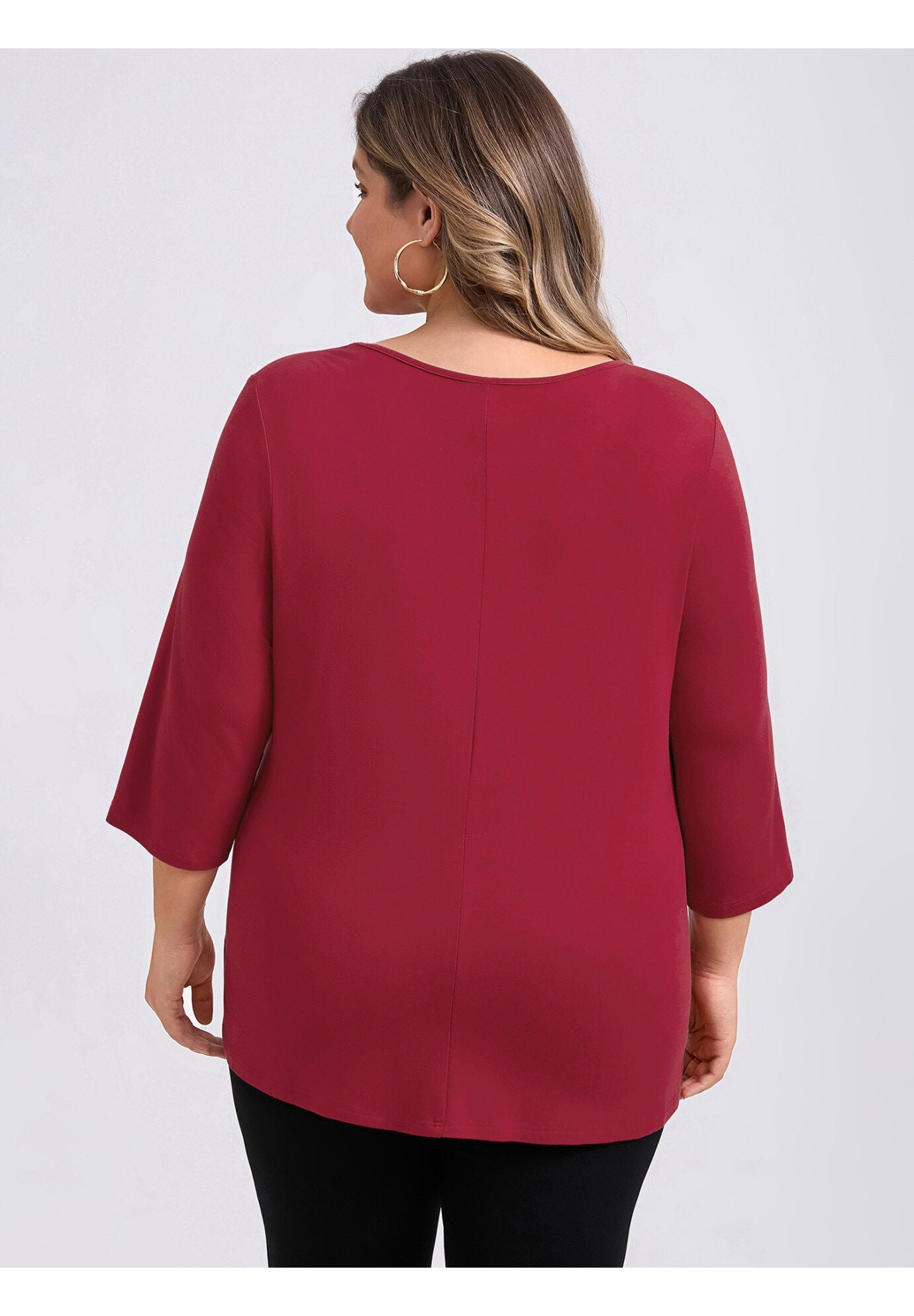 Crew Neck 3/4 Sleeve Waist Pleated Asymmetric Hem Loose Fit Blouse, Red / Red, alternate image number 2