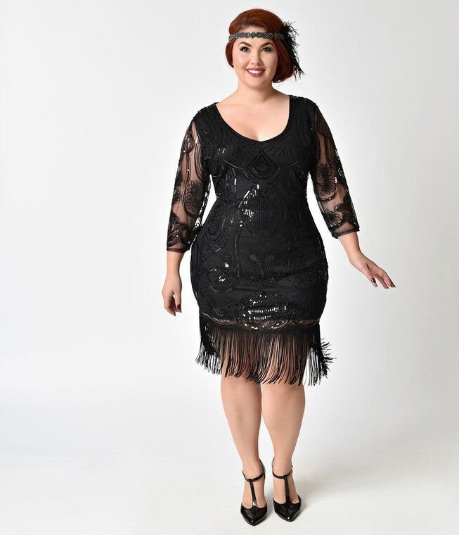 Unique Vintage 1920s Black Beaded & Sequin Margaux Sleeved Fringe Flapper Dress, Black / Black, alternate image number 3