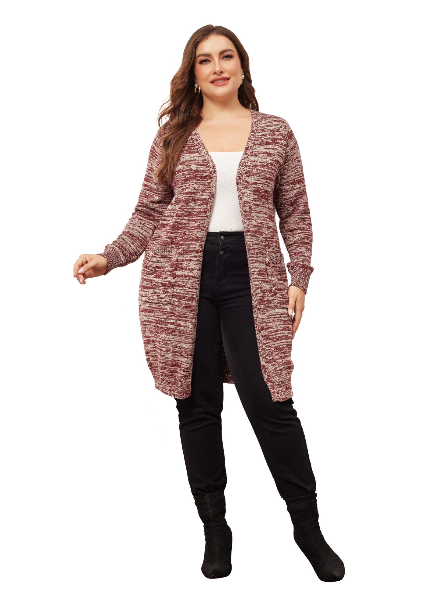 CONTRAST COLOR OPEN FRONT POCKETS SWEATER CARDIGAN, Burgundy / Red, hi-res image number 0