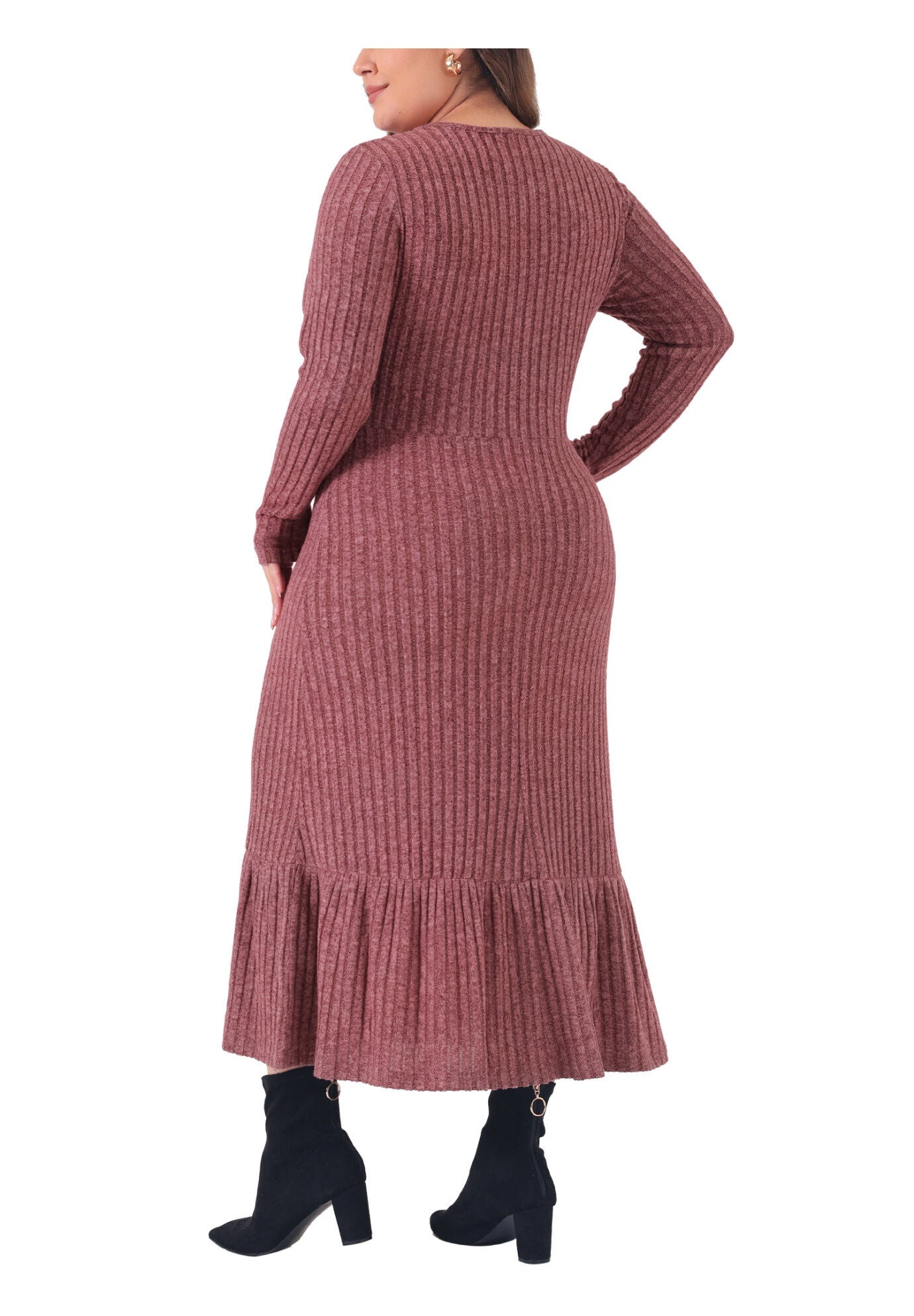 Ribbed Knit Long Sleeve Crew Neck Ruffled Hem Midi Dress, Purple Red / Purple, alternate image number 3