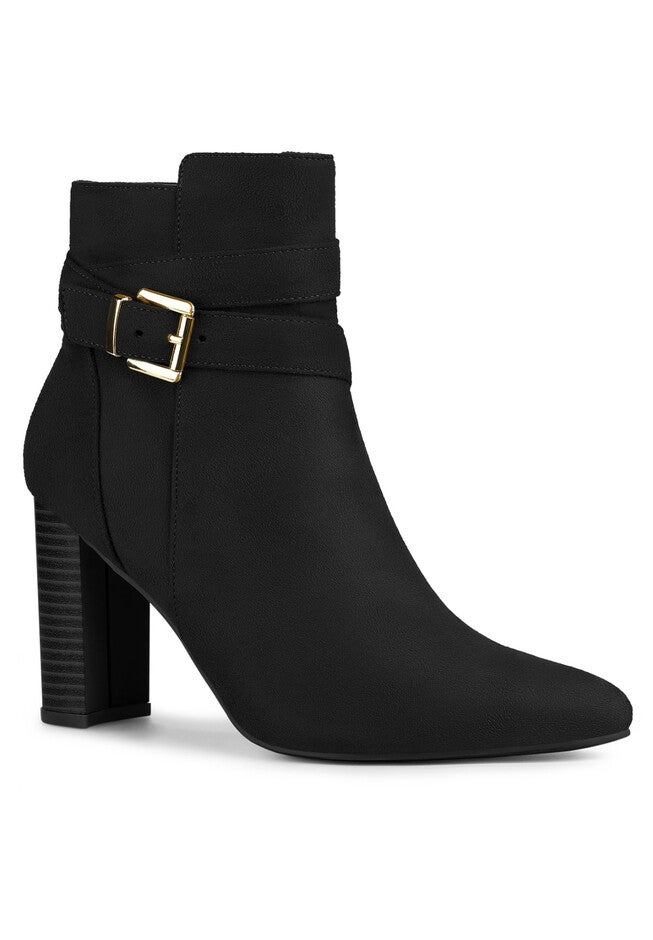 Pointed Toe Buckle Decor Chunky Heel Ankle Boots, Black / Black, hi-res image number 0
