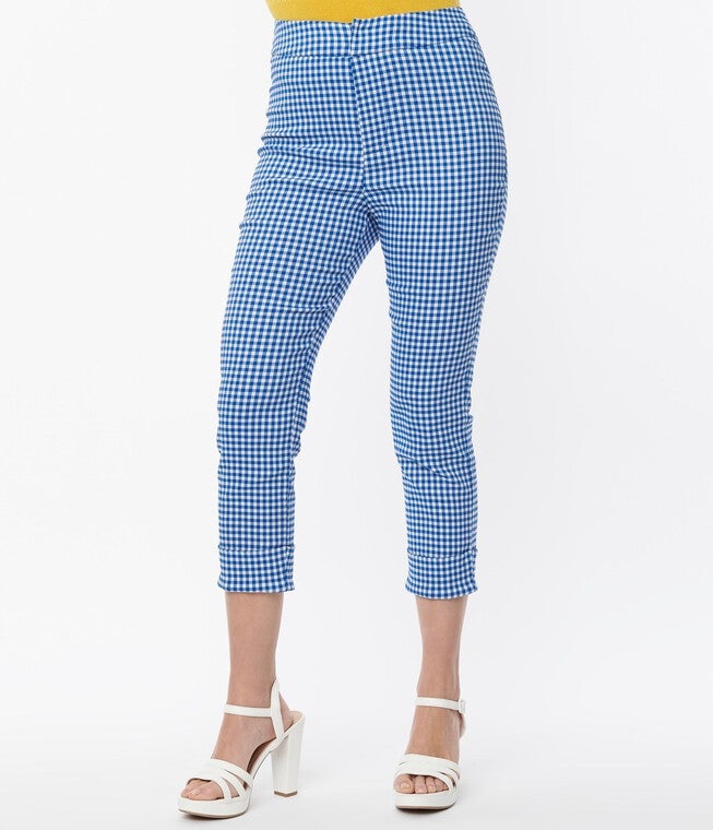 Smak Parlour Blue Gingham Tulip Pocket Smarty Pants Capri, Blue Gingham / Azure Blue, hi-res image number 0