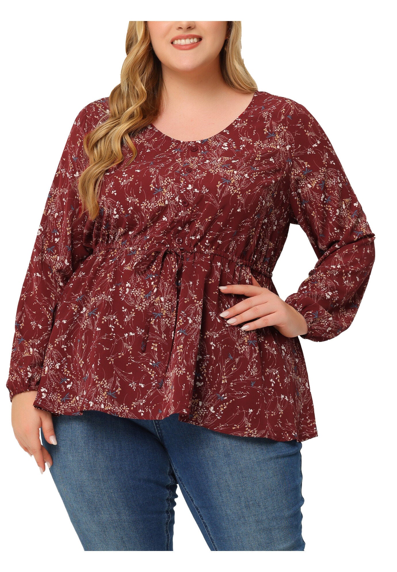 Floral Print Long Sleeves Belt Tie Ruffle Casual Peplum Top, Red / Red, alternate image number 2