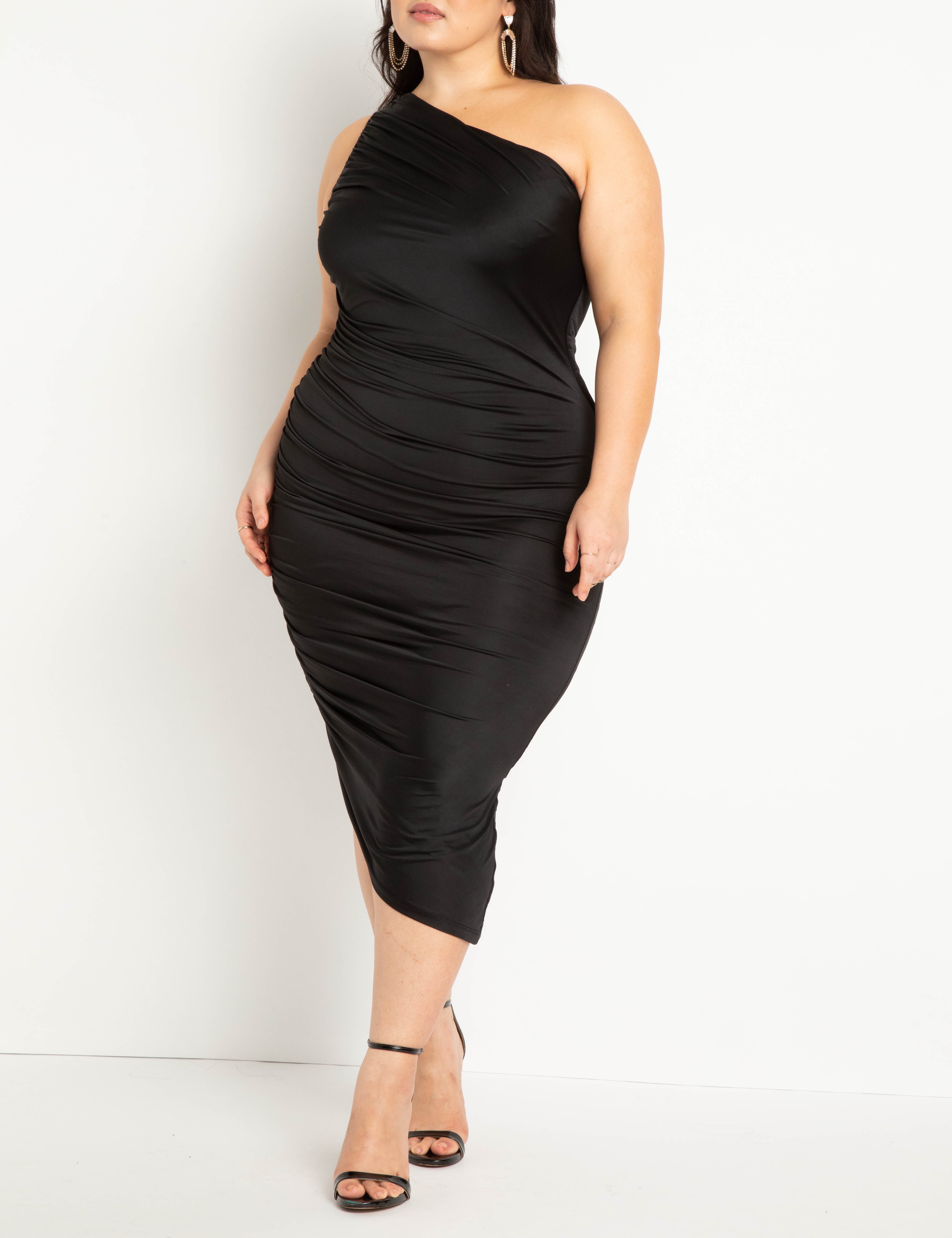 Ruched One Shoulder Dress- Black, Black / Black, hi-res image number 0