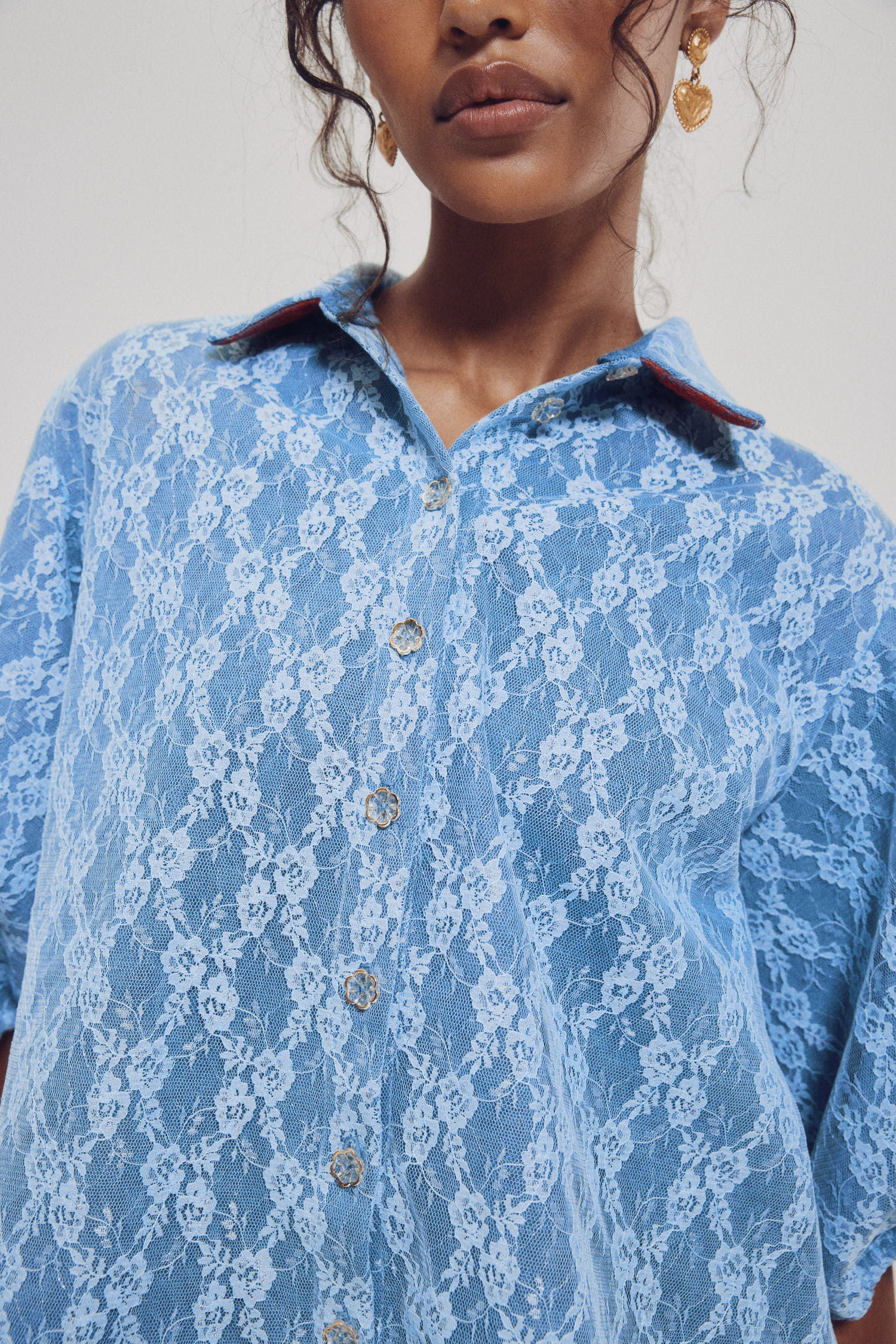 Denim Lace Puff Slv Blouse, BLUE / Medium Wash, alternate image number 2