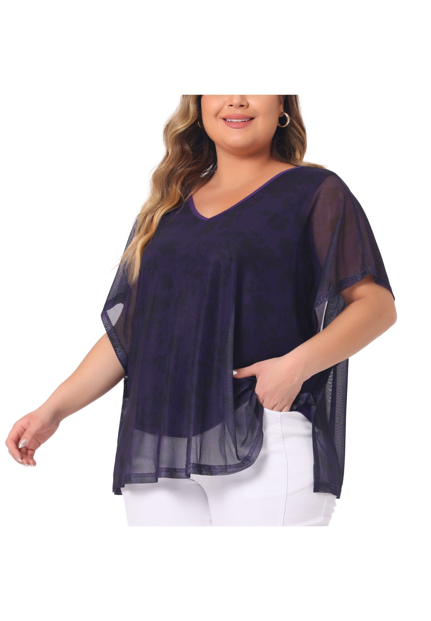 Floral Pattern Batwing Sleeve Beach Cover Loose Tunic Blouse, Purple / Purple, alternate image number 1