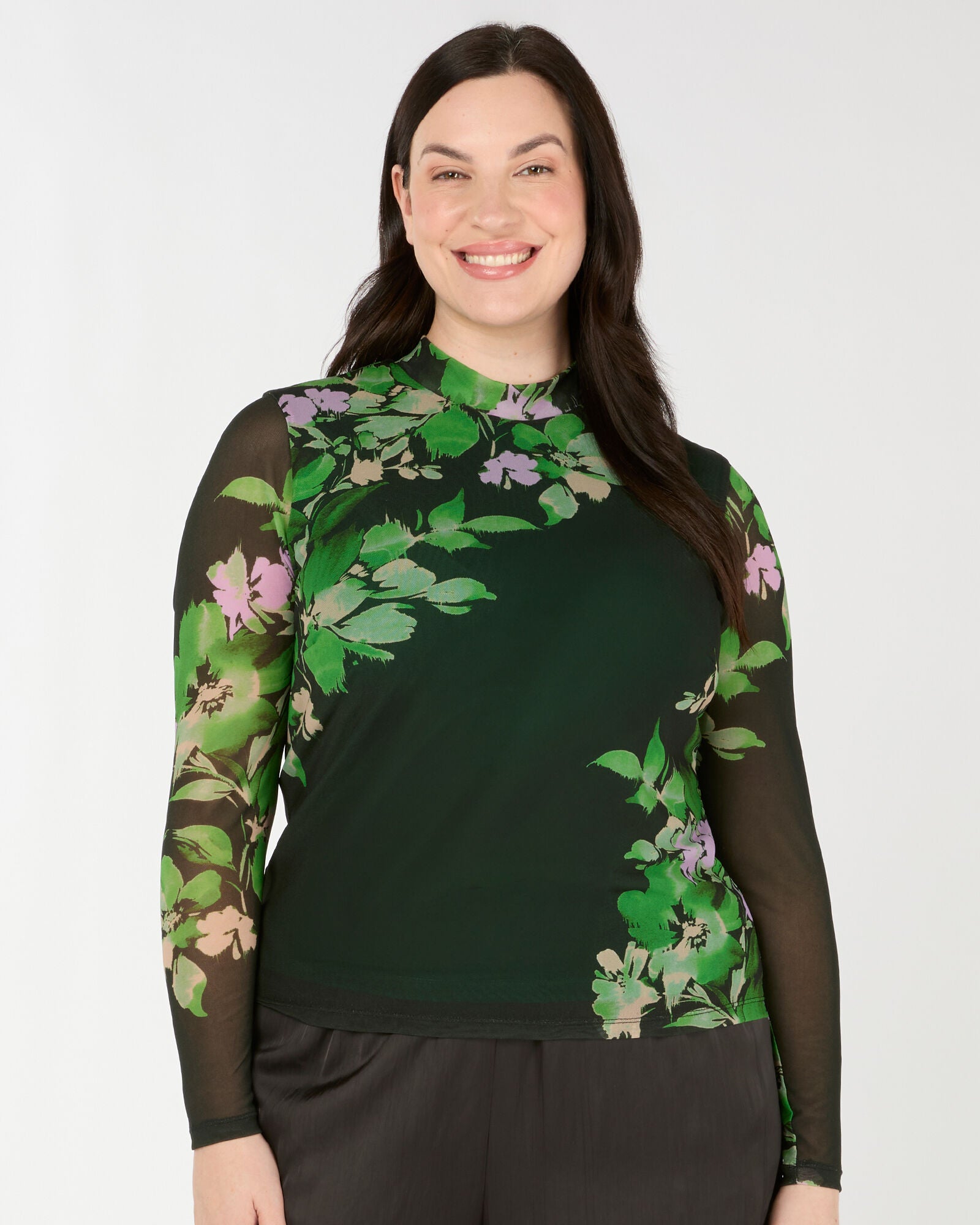 Fiora Printed Long Sleeve Mesh Top, Ivy Fleur / Forest Green, hi-res image number 0