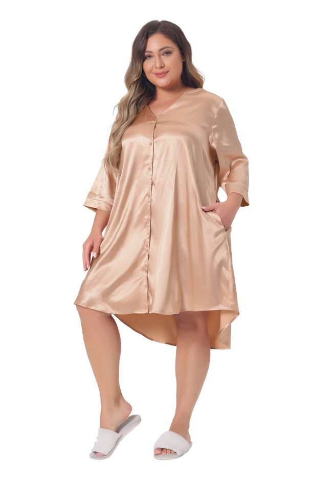 Satin Button Down 3/4 Sleeve with Pockets Nightshirt, Champagne / Gold, hi-res image number 0