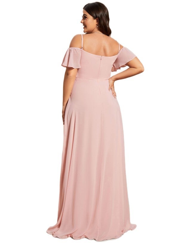Stylish Cold Shoulder Flare Sleeves Flowy Bridesmaid Dress, Pink / Pink, alternate image number 1