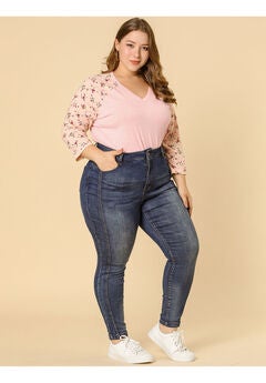 Casual V Neck 3/4 Sleeve Floral Raglan Top