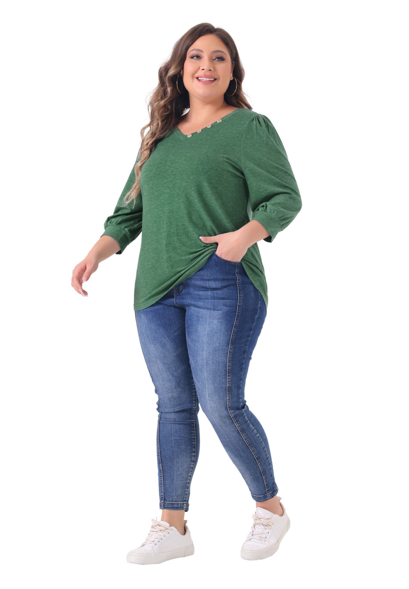 3/4 Sleeve V Neck Button Decor Blouse Shirt, Green / Kelly Green, hi-res image number 0