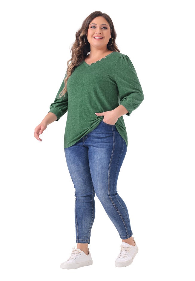 3/4 Sleeve V Neck Button Decor Blouse Shirt, Green / Kelly Green, hi-res image number 0