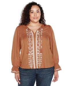 TIE-NECK EMBROIDERED-FRONT BLOUSE