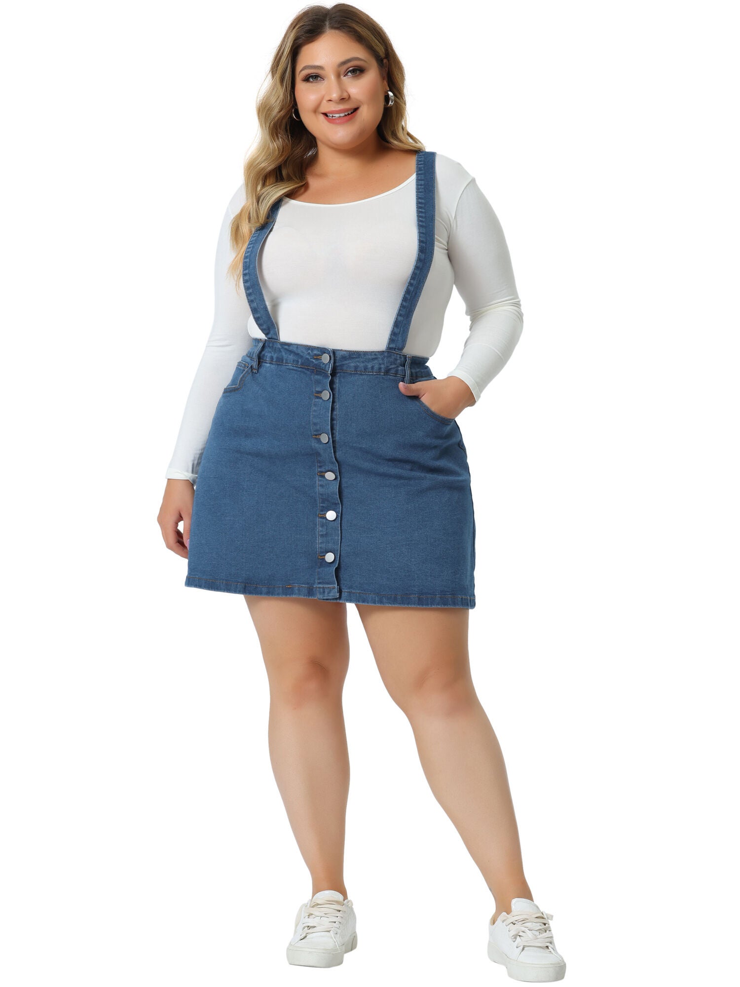 Suspender Skirt Adjustable Strap Cross Back Mini Denim A-Line Overall Dress, Blue / Chambray Denim Medium, alternate image number 2