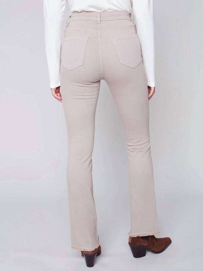 BOOTCUT TWILL PANT WITH ASYMMETRICAL FRINGED HEM IN ALMOND, , alternate image number null