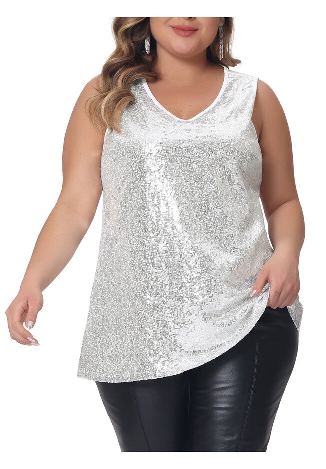 Sleeveless Glitter Sequin Vest Tank Top, Silver / Silver, alternate image number null
