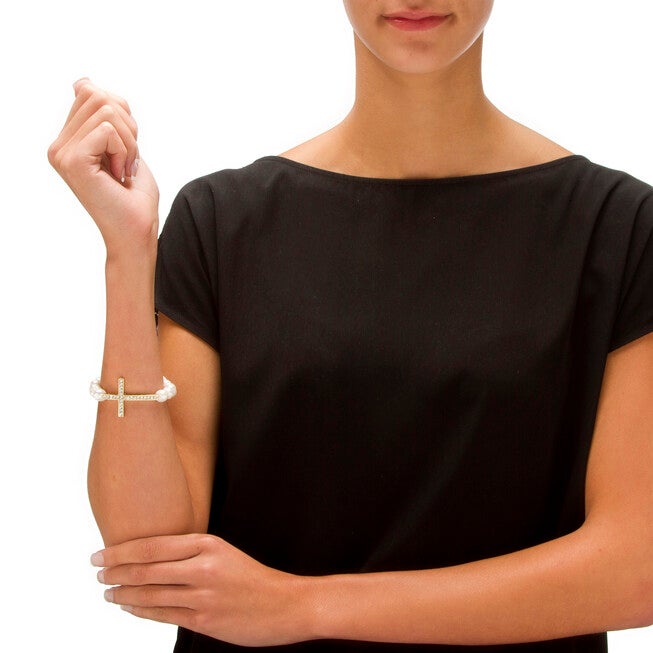 Genuine Cultured Pearl and Crystal Horizontal Cross Stretch Bracelet Goldtone, , alternate image number 5