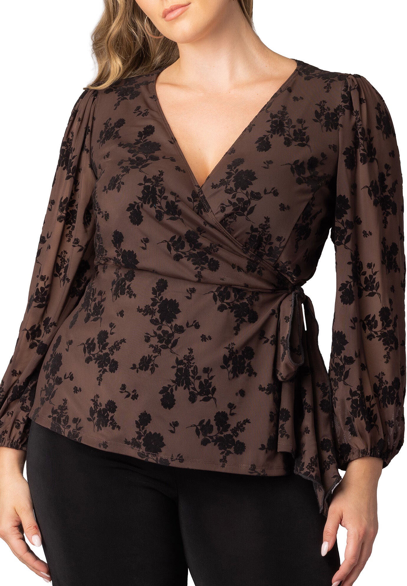 Alissa Long Sleeve Wrap Top, Sable Flocked Florals / Brown, alternate image number 2