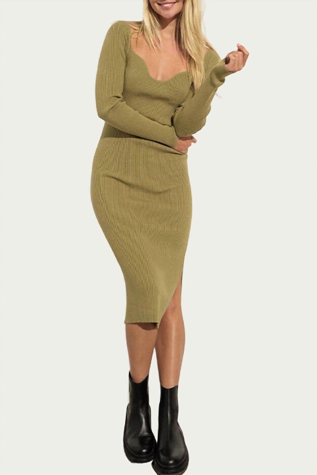RIBBED-KNIT SWEETHEART-NECK MIDI DRESS IN OLIVE, Olive / Light Green, hi-res image number 0