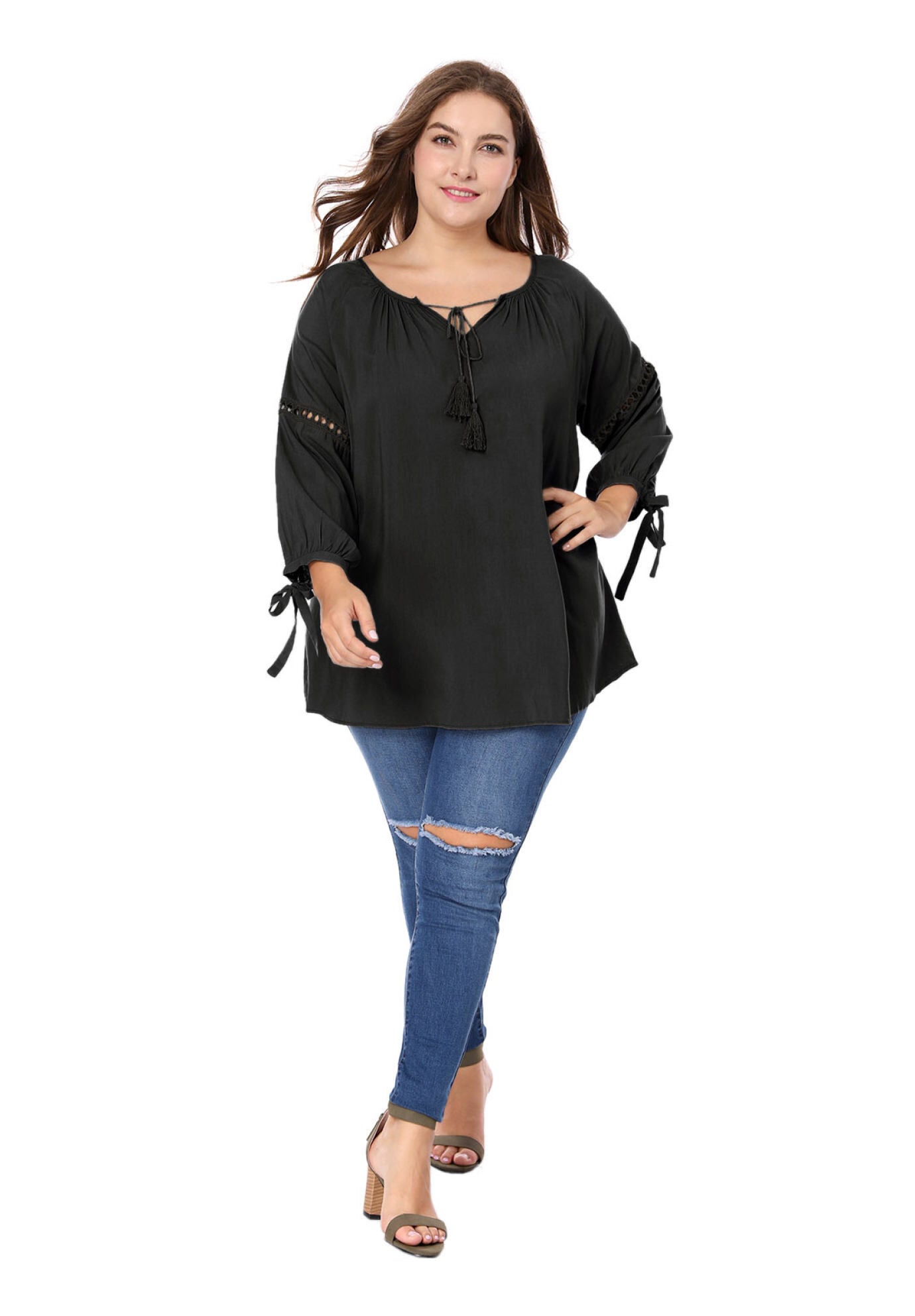 RAGLAN SLEEVES HOLLOW OUT TIE NECK PEASANT TOP, Black / Black, hi-res image number 0