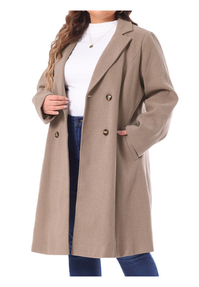 NOTCHED LAPEL WINTER WARM DOUBLE BREASTED LONG COAT, Light Brown / Brown, alternate image number 2