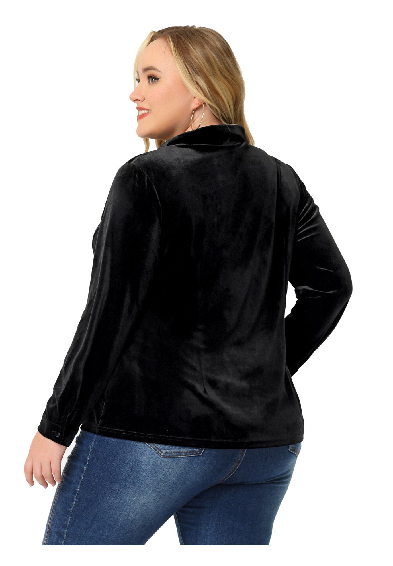 Velvet Lapel Long Sleeve Button Down Shirt, Black / Black, alternate image number 3