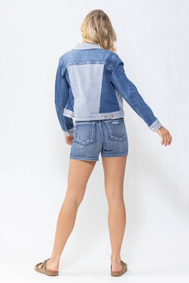 COLOR BLOCK DENIM JACKET IN MEDIUM BLUE, , alternate image number null