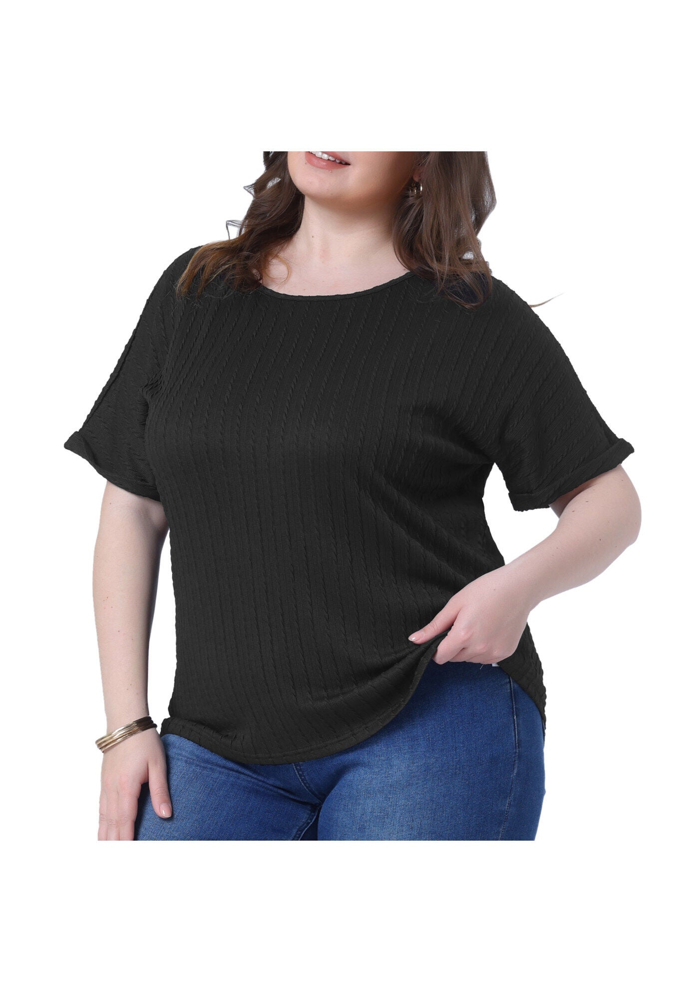 Textured Rolled Short Sleeve Crew Neck T-Shirts Blouses, Black / Black, alternate image number 1