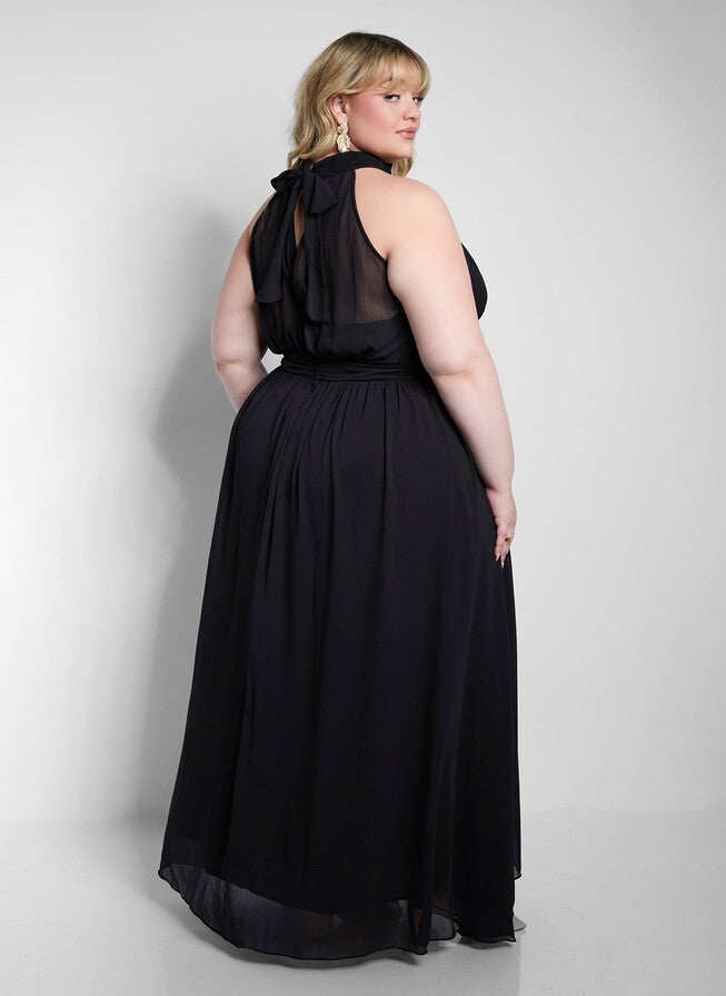 ELISE CHIFFON HALTER MAXI A LINE DRESS W. SLIT, Black / Black, alternate image number null