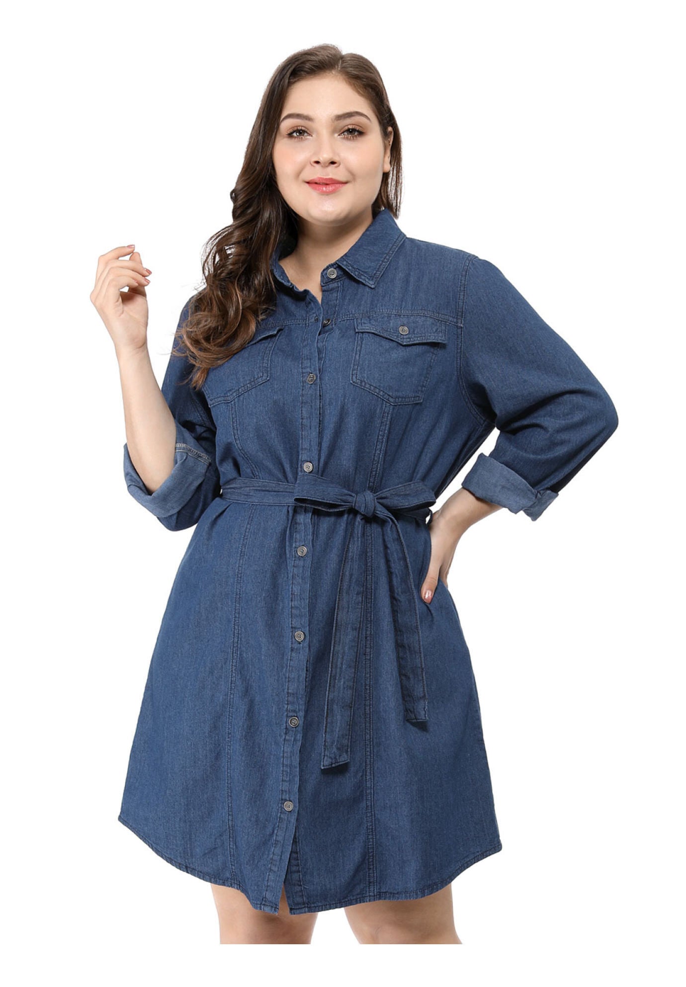 BUTTON DOWN LONG SLEEVE MIDI JEAN DENIM SHIRT DRESS, Blue / Navy, alternate image number 2