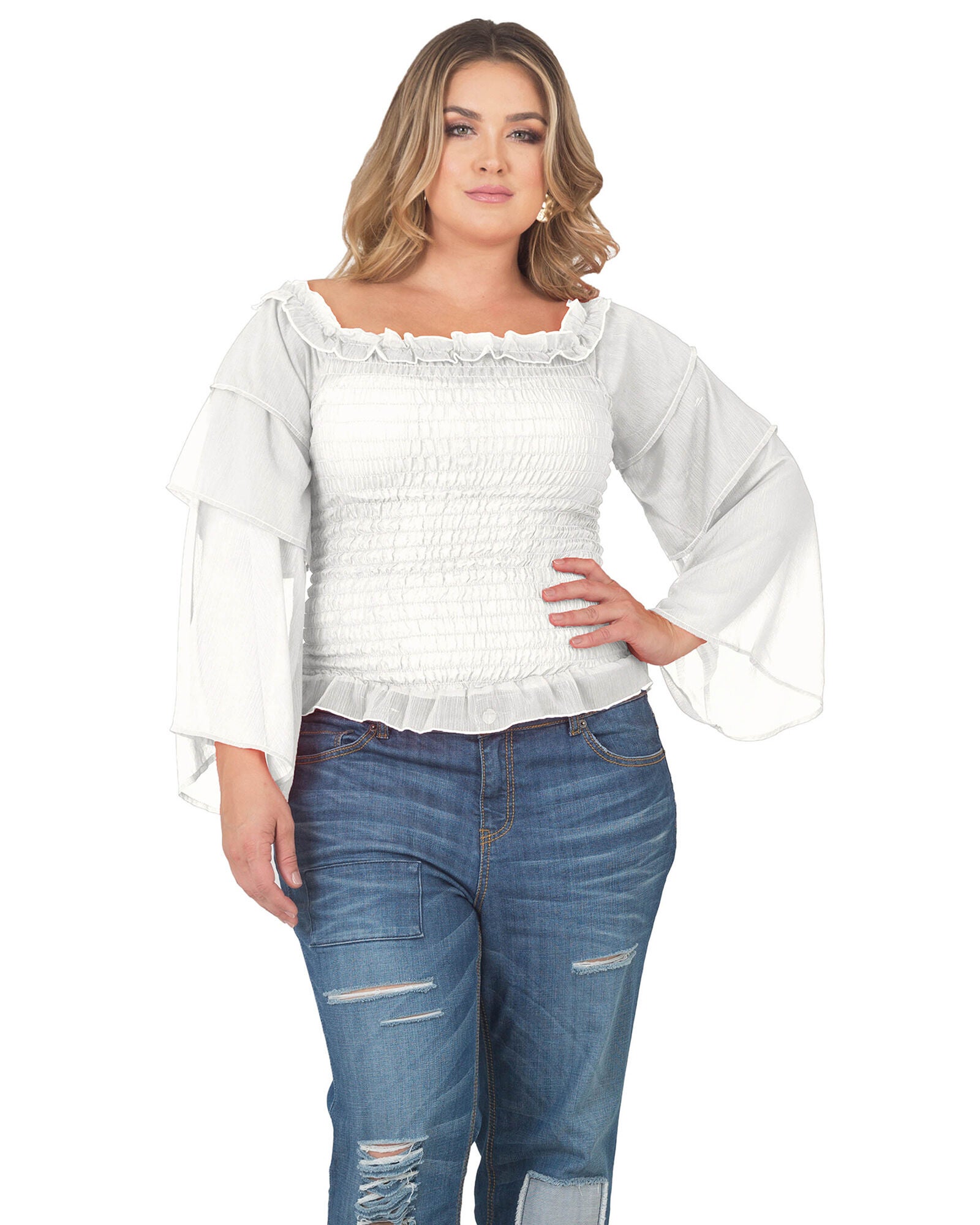 Plus Size Jessa Smocked Tierd Sleeve Top, Off White / White, alternate image number 2