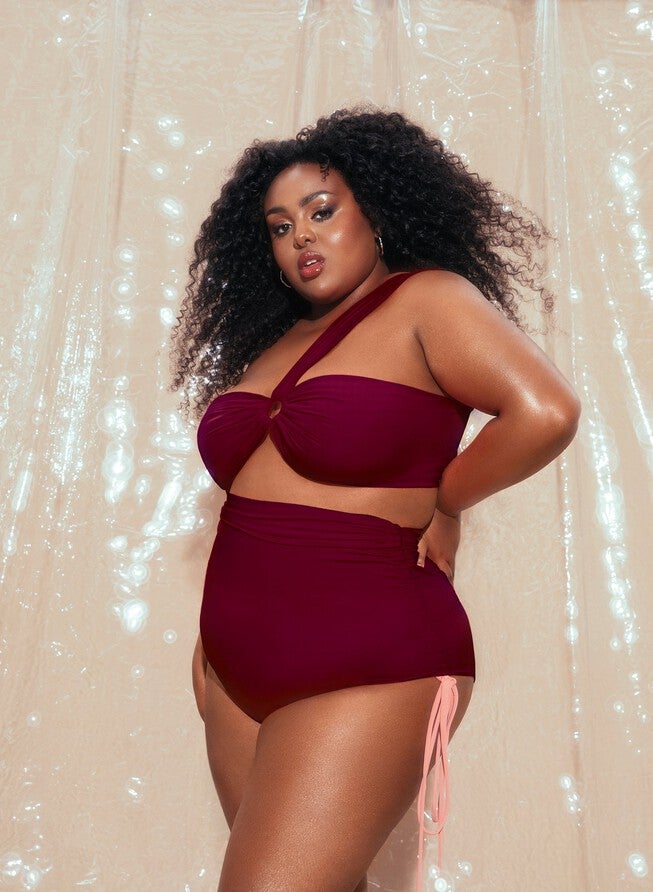 Ruched High Waisted Bikini Bottoms, Burgundy / Burgundy, hi-res image number null