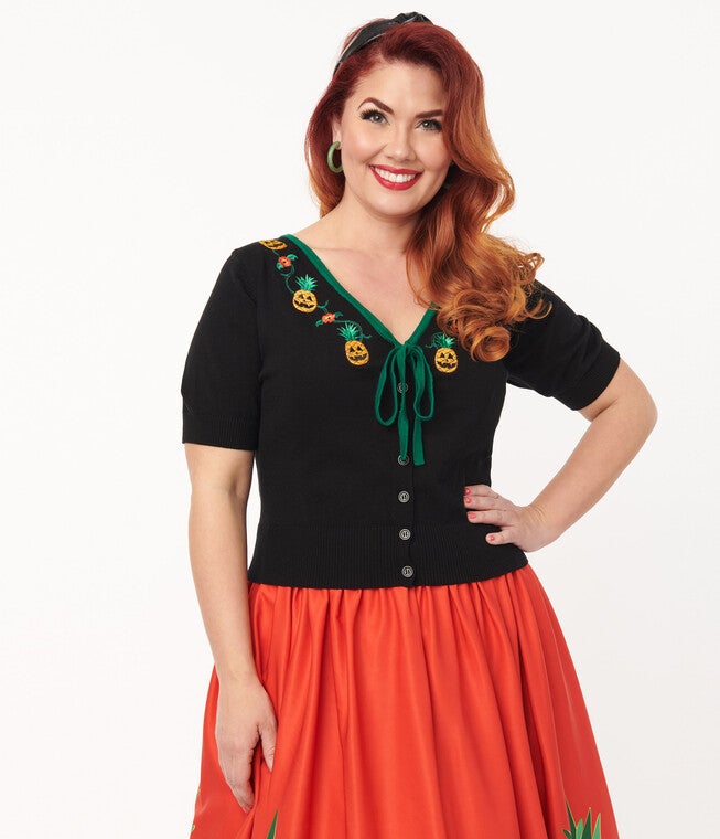 Unique Vintage Black June-O-Ween Embroidered Cropped Dandy Cardigan, Black / Black, hi-res image number null