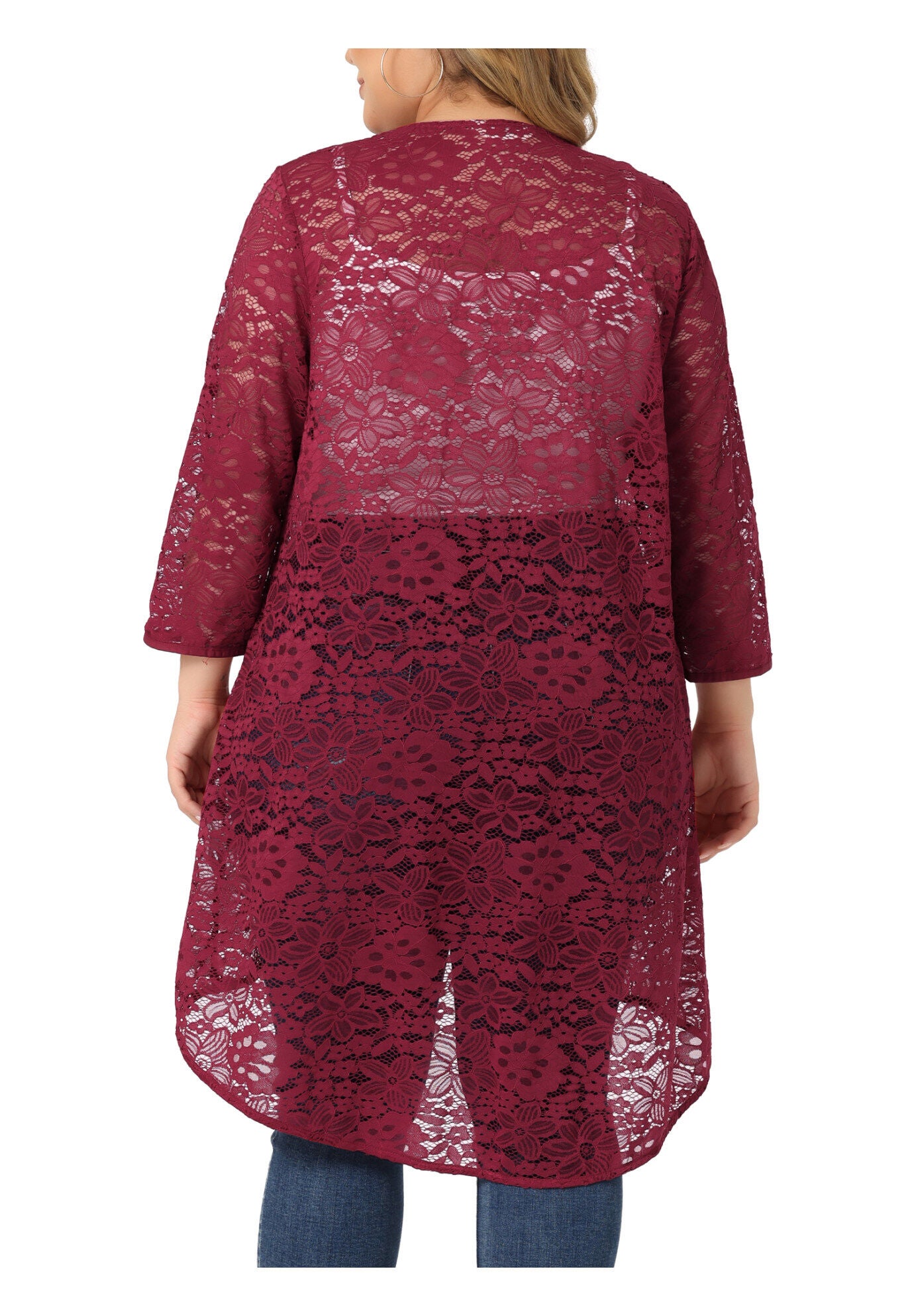 LIGHTWEIGHT 3/4 SLEEVE OPEN FRONT CROCHET LACE COVER UP, Burgundy / Red, alternate image number 1