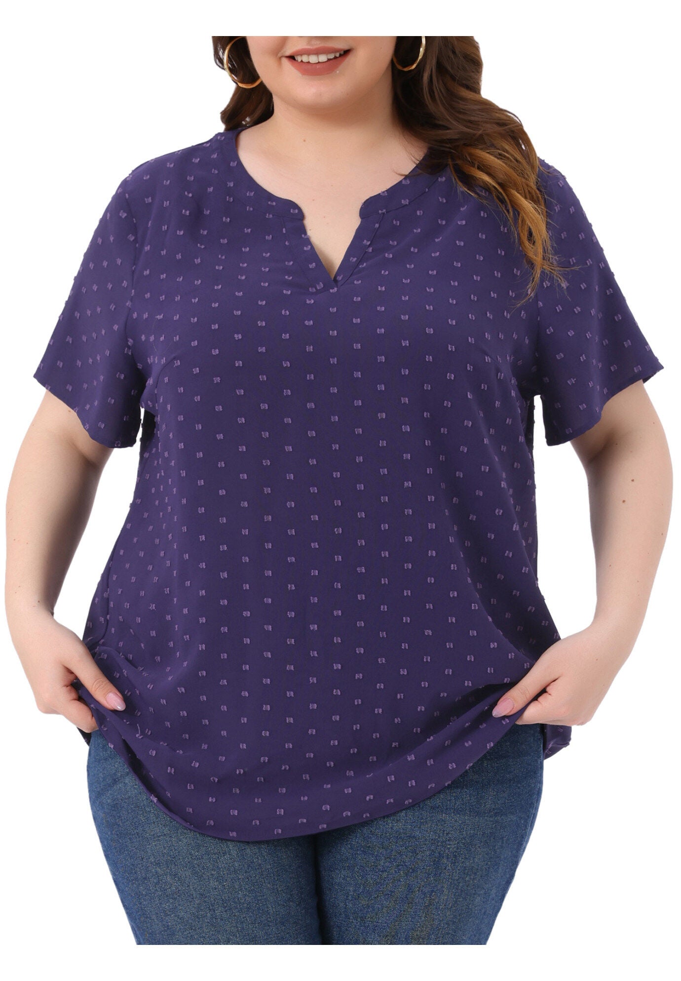 Swiss Dots Notched Neck Short Sleeve Basic Blouse, Dark Blue Purple / Purple, alternate image number 2